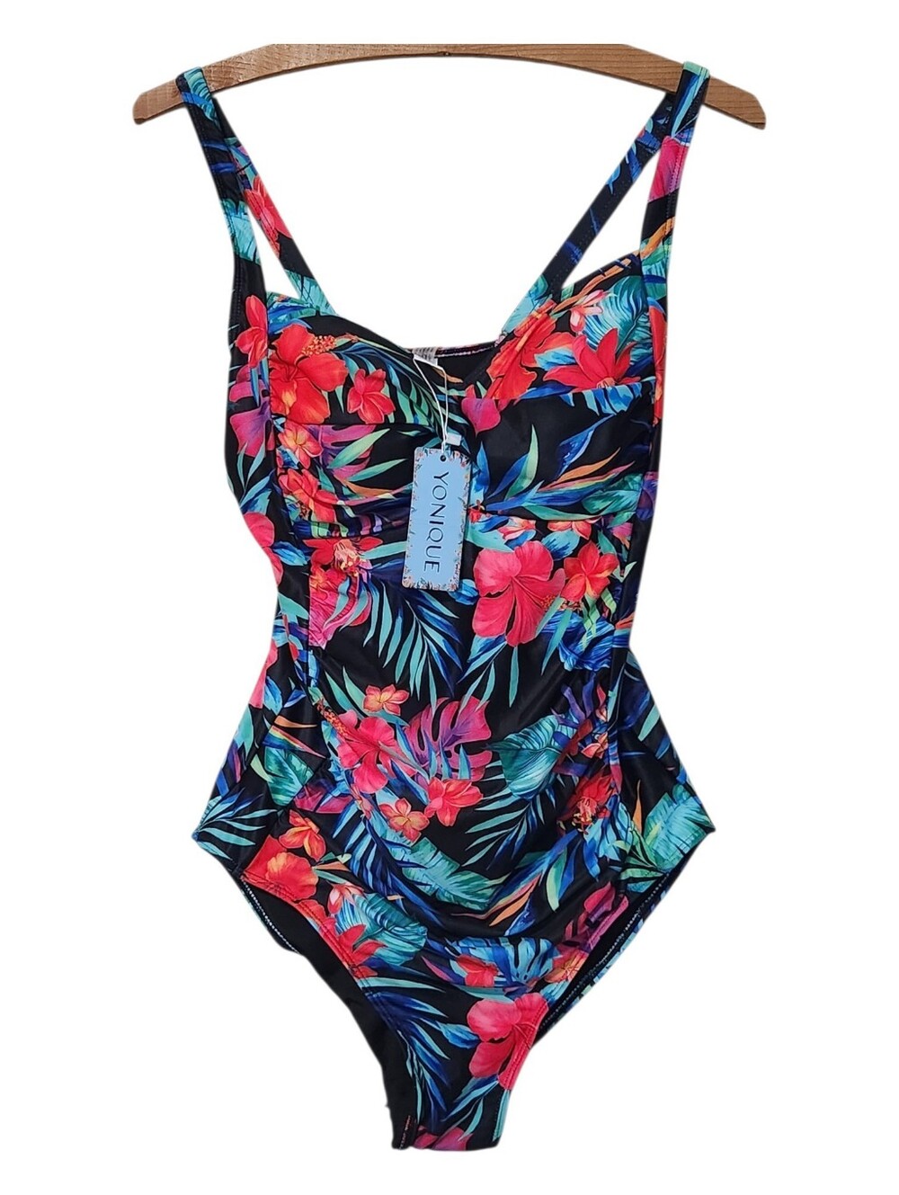 Younique Black One-Piece Swimsuit with Bright Tropical Floral Print Size Large